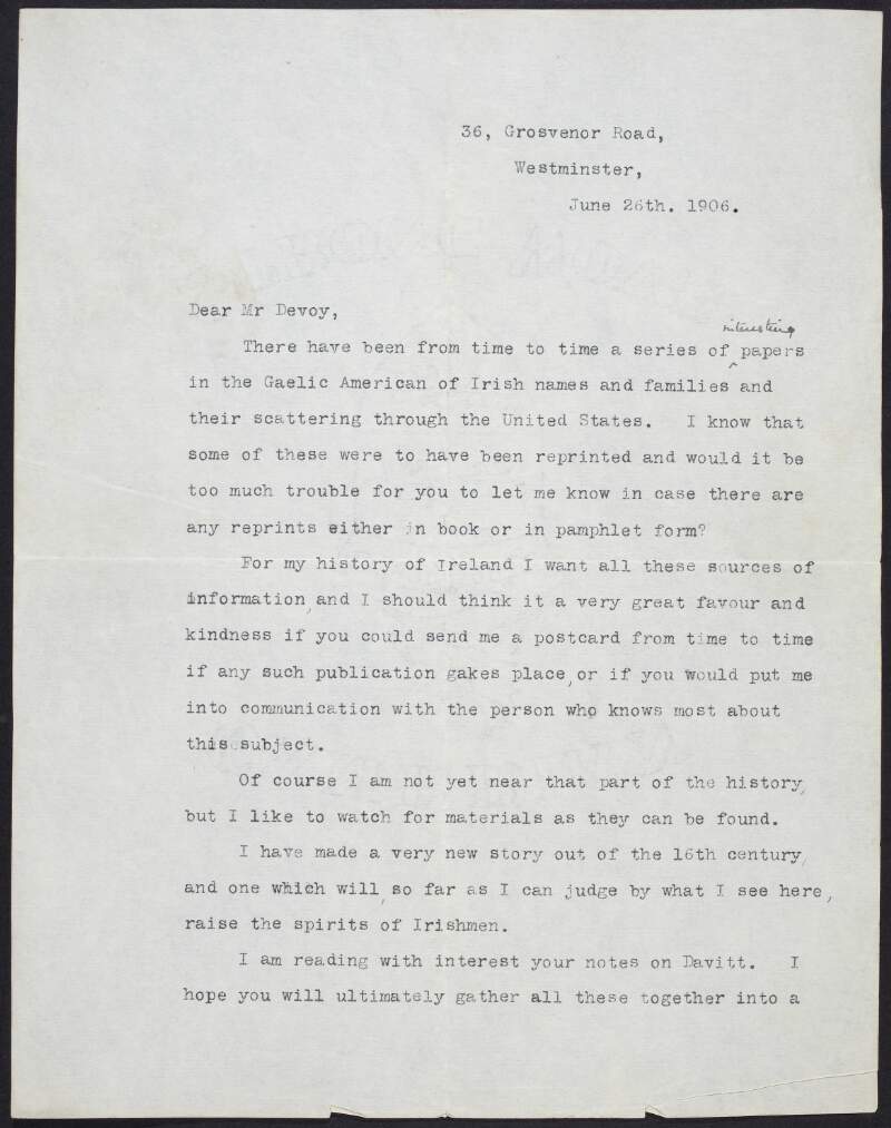 Letter from Alice Stopford Green to John Devoy regarding the 'Gaelic American' newspaper and Michael Davitt,
