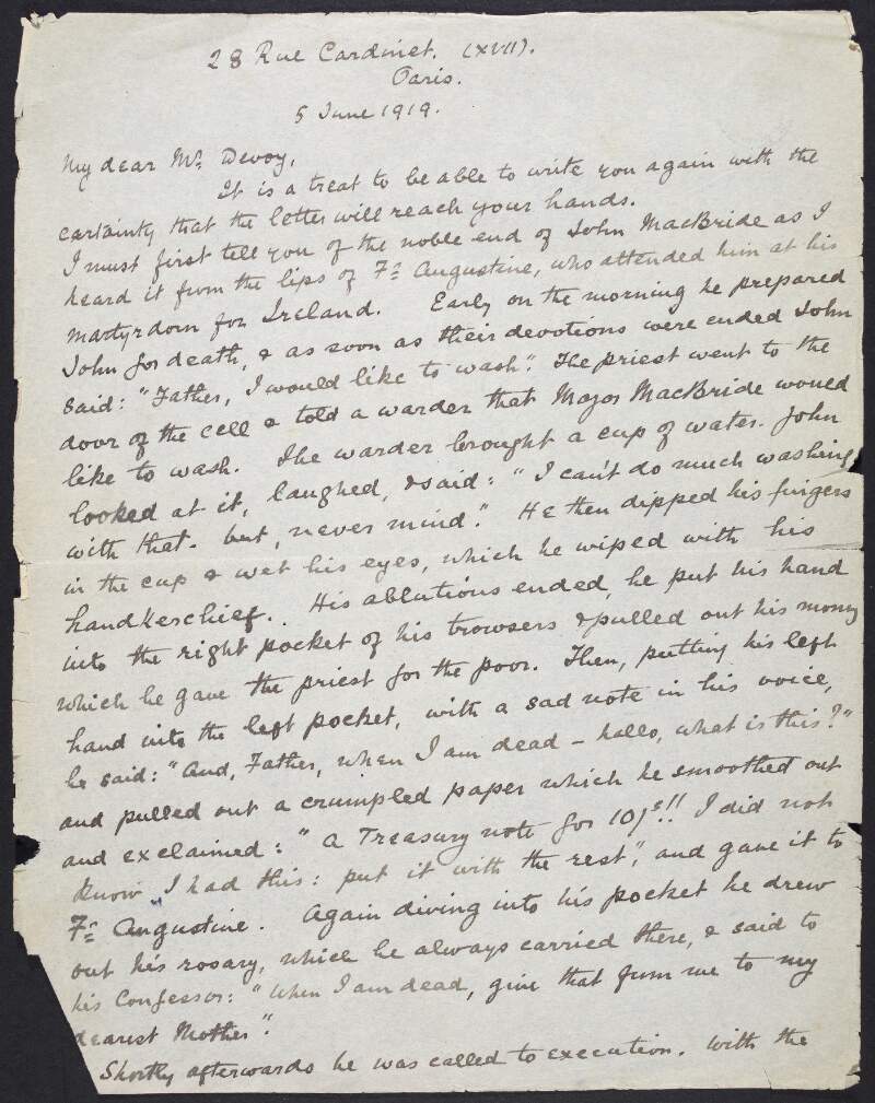 Letter from Victor Collins to John Devoy regarding the execution of John MacBride, Collins' future plans and French views on the political situation in Ireland,