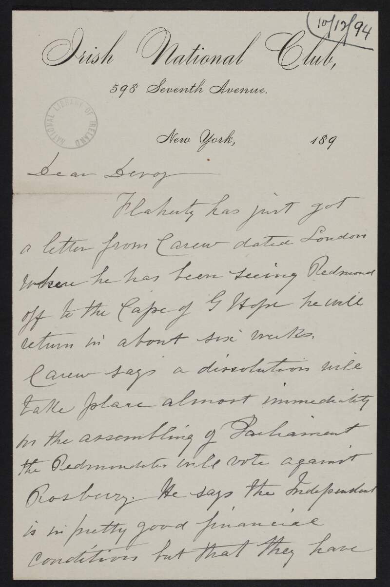 Letter from Michael Breslin to John Devoy regarding news from James L. Carew,