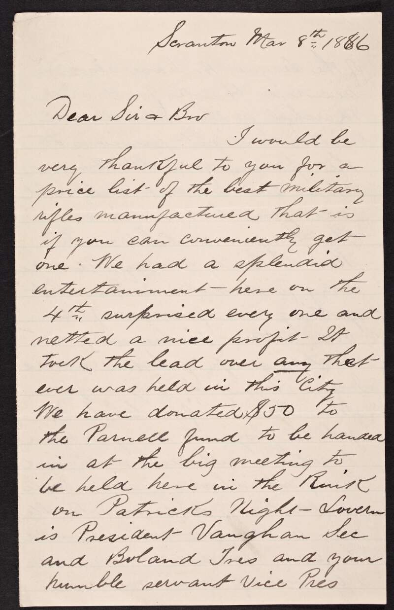 Letter from William Dawson to John Devoy regarding the setting up of a rifle club and fundraising efforts,