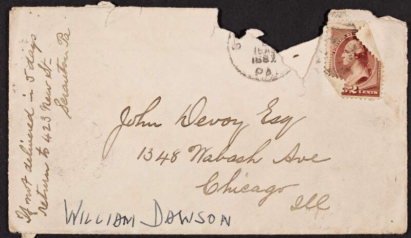 Letter from William Dawson to John Devoy regarding the organistion of clubs in Pennsylvania and Rhode Island,