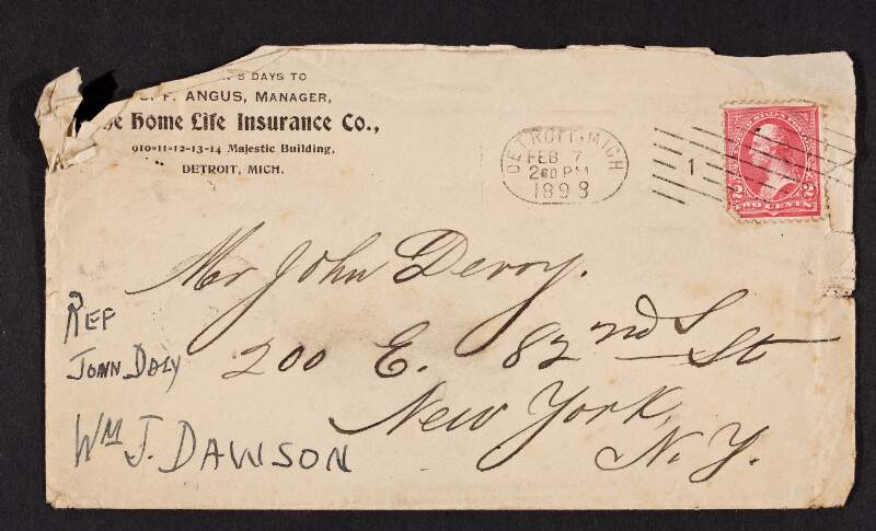 Letter from William Dawson to John Devoy regarding the visit of John Daly to Detroit and preparations of St. Patrick's Day,