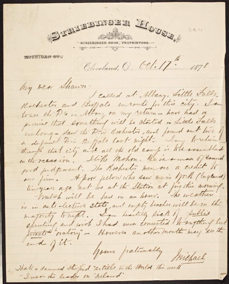 Letter from Michael Davitt to John Devoy regarding his visits to Albany, Little Falls, Rochester, Buffalo and Cleveland for his lecturing tour, and the 'Irish World' newspaper,