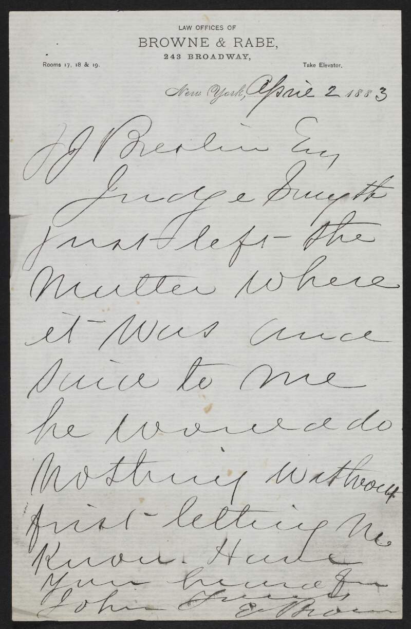 Letter from Edward Browne to John J. Breslin regarding "Judge Smyth",