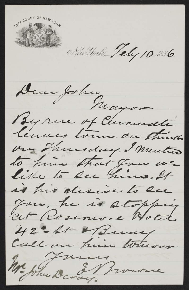 Letter from Edward Browne to John Devoy regarding Mayor Byrne's wish to meet Devoy,