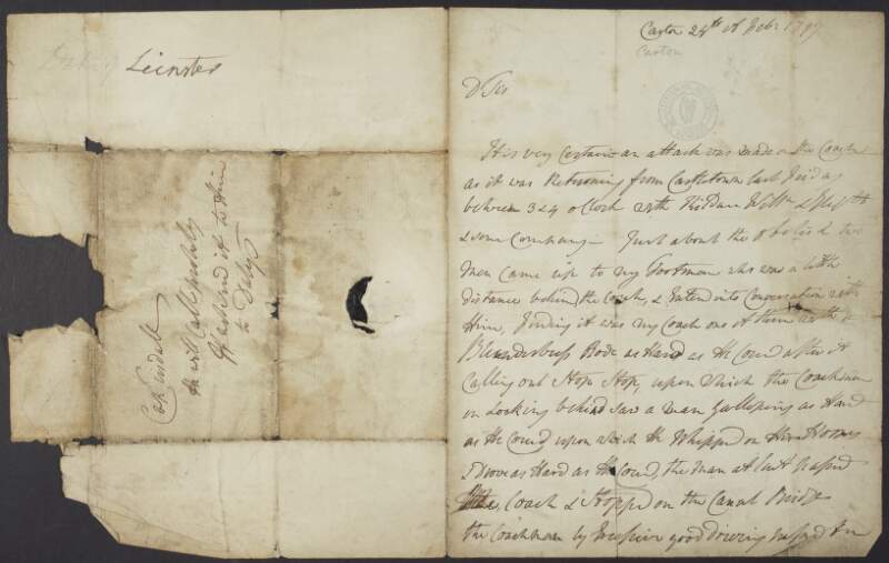 Letter from William Robert FitzGerald, Duke of Leinster to [Captain Tridall?], concerning a threatened attack on his carriage,