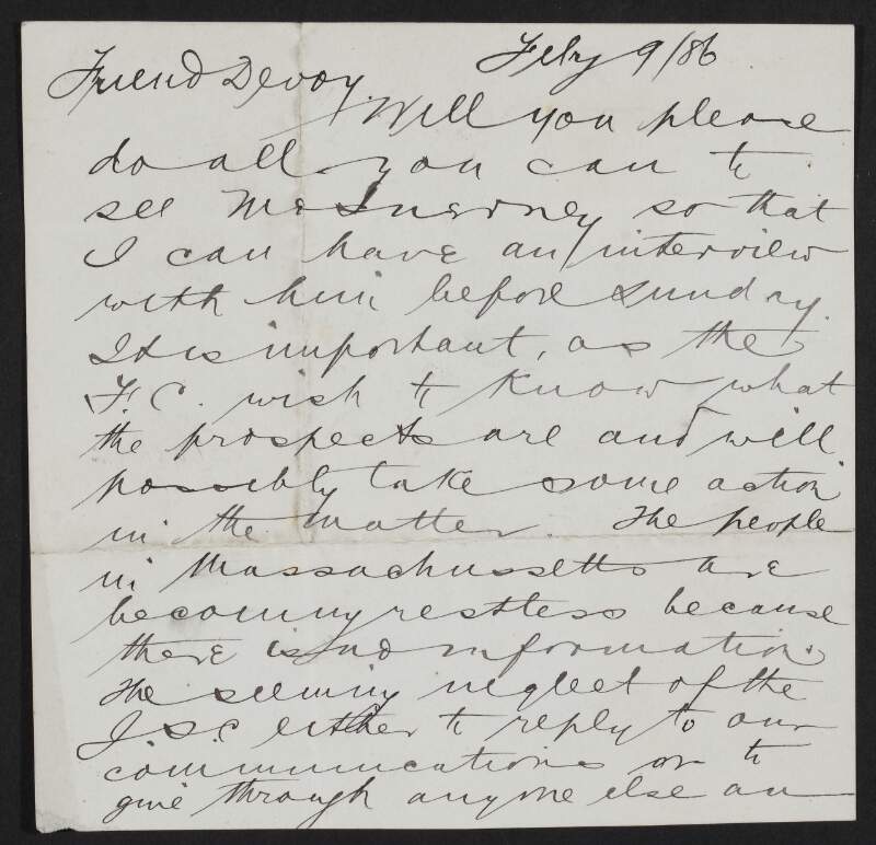 Letter from William M. Browne to John Devoy asking him to meet Dr. John McInerney,