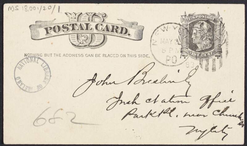 Postcard from M. J. Costello to John Breslin requesting a copy of the last issue of 'The Irish Nation',