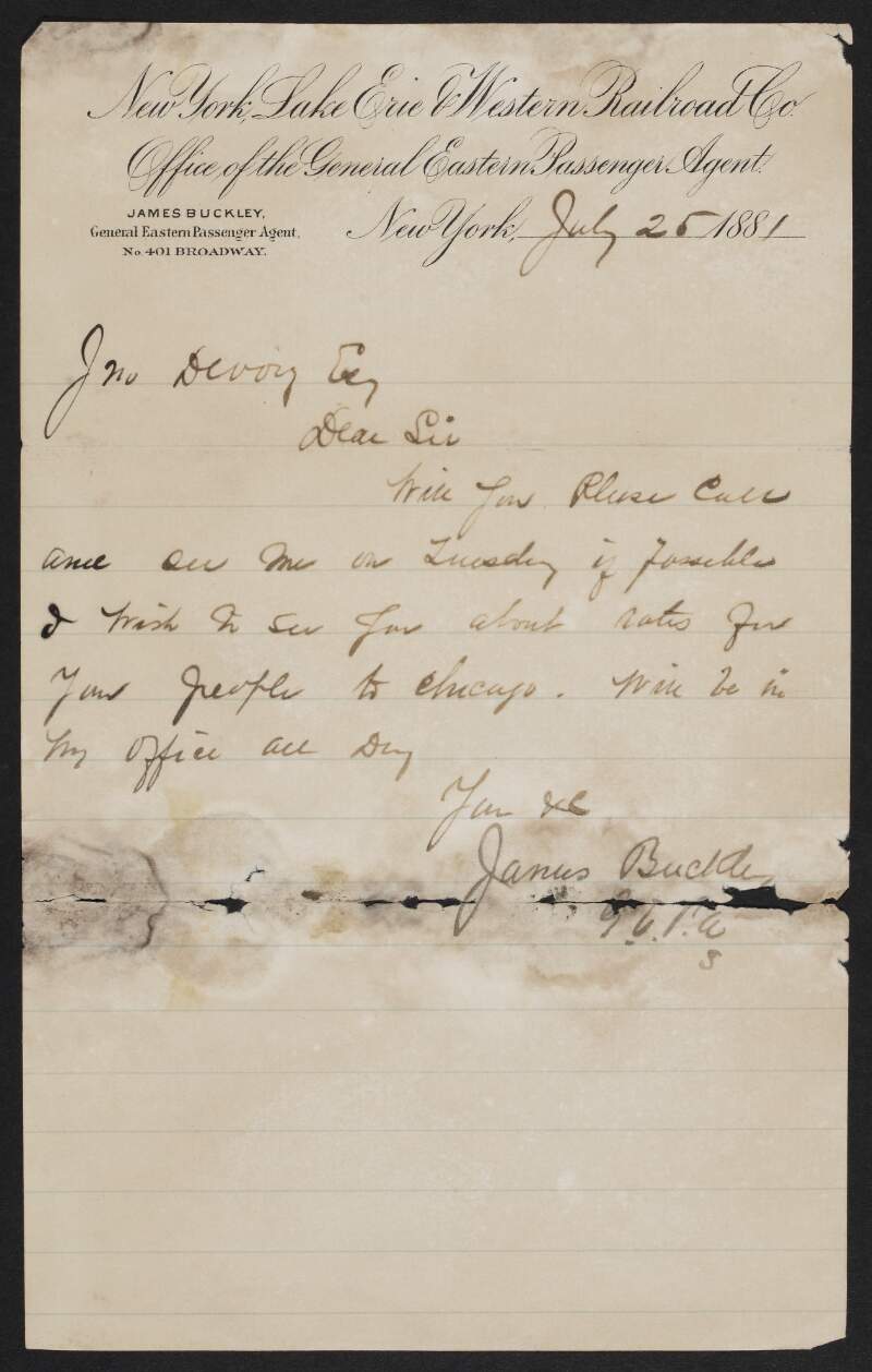 Letter from James Buckley to John Devoy requesting a meeting to discuss rates for traveling to Chicago,