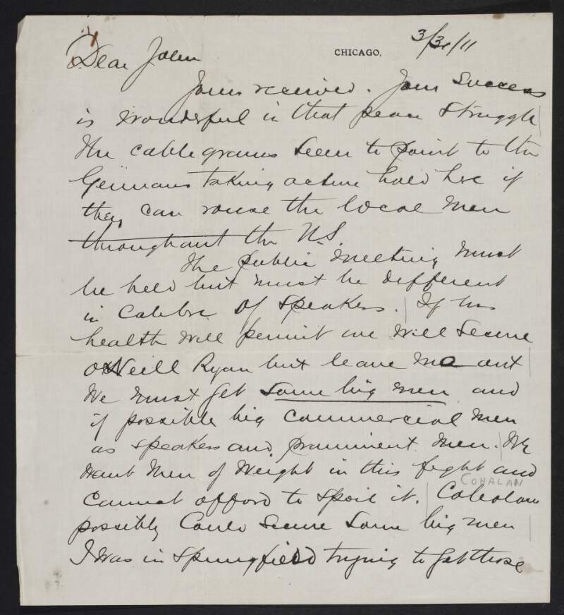 Letter to John Devoy saying that a meeting must be held but have a higher calibre of speakers,