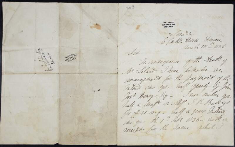 Letter from Augustus Frederick FitzGerald, Duke of Leinster to Hans Hamilton, discussing the management of his payments as a result of Mr. Leland's death,