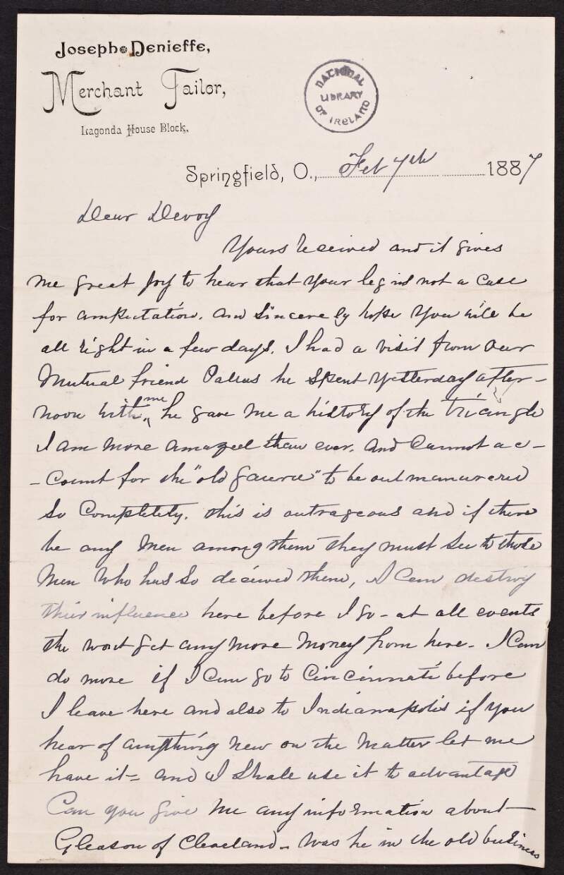 Letter from Joseph Denieffe, Springfield to John Devoy regarding the Triangle, James Pallas, W.J. Gleason and Harry Cunningham,