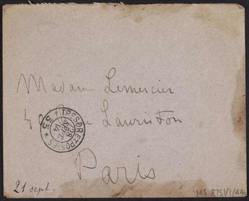 Letter from Eugène Lemercier to his mother, Marguerite Lemercier, informing her of his good health,