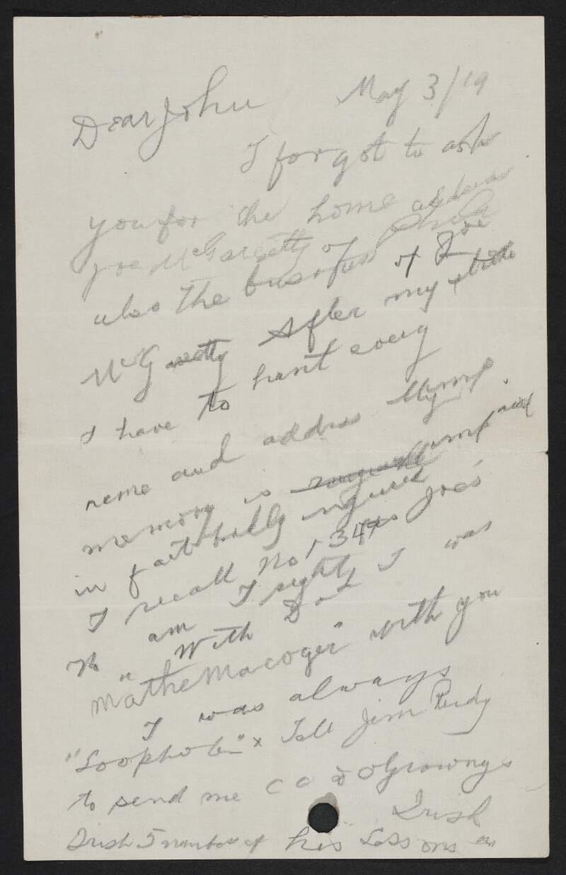 Letter from Ricard O'Sullivan Burke to John Devoy regarding an address for Joseph McGarrity,