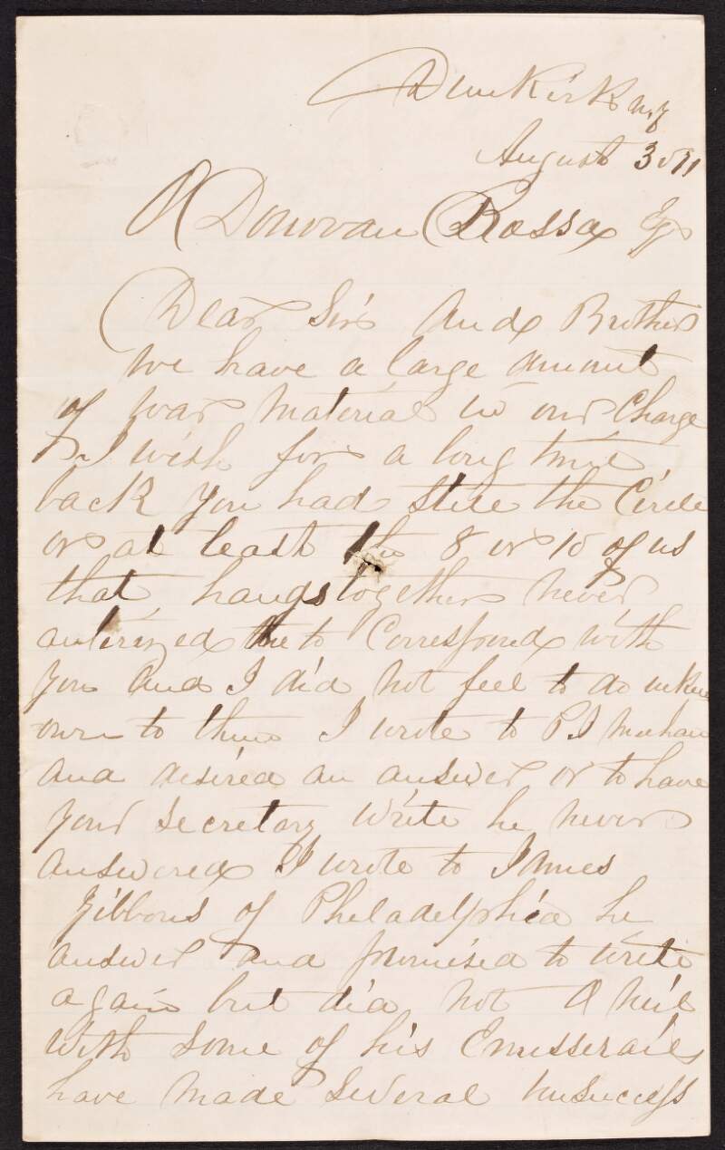 Letter from J.M. Desmond to Jeremiah O'Donovan Rossa regarding arms and ammunition,