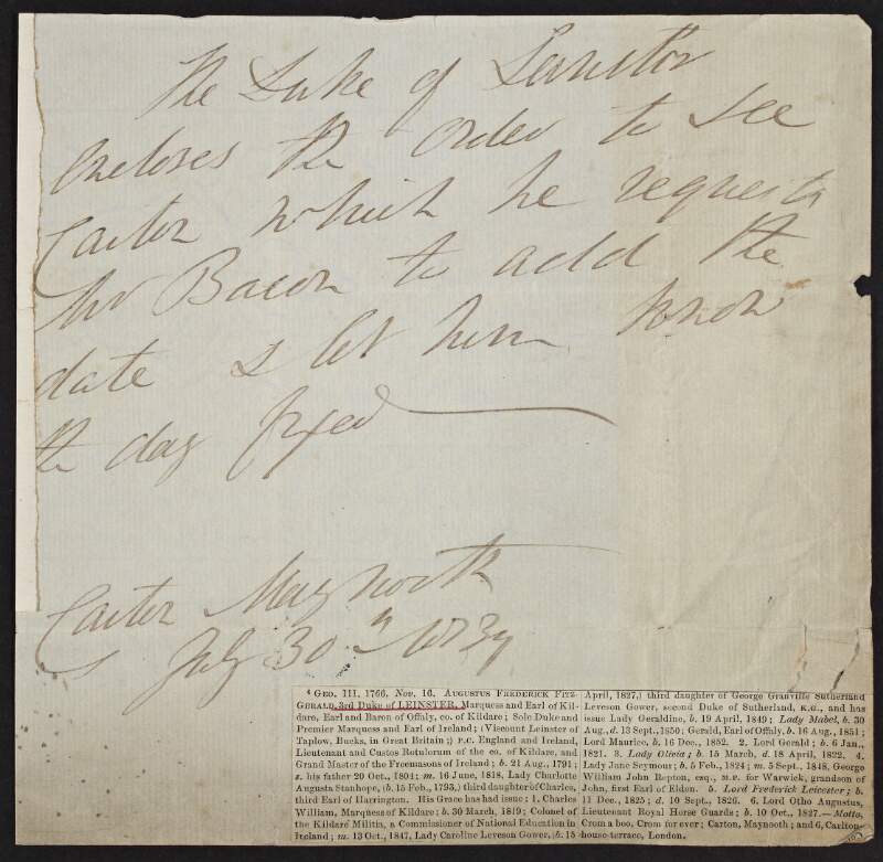 Letter from Augustus Frederick FitzGerald, 3rd Duke of Leinster to unidentified recipient, enclosing an order to see Carton House,