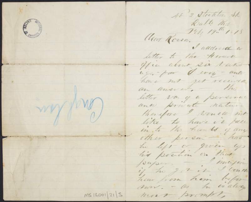 Letter from John J. Coughlan to Jeremiah O'Donovan Rossa regarding a letter of a "personal and private nature" that he wrote six weeks ago to John Devoy at the 'Herald' office which he has not recieved a reply to,