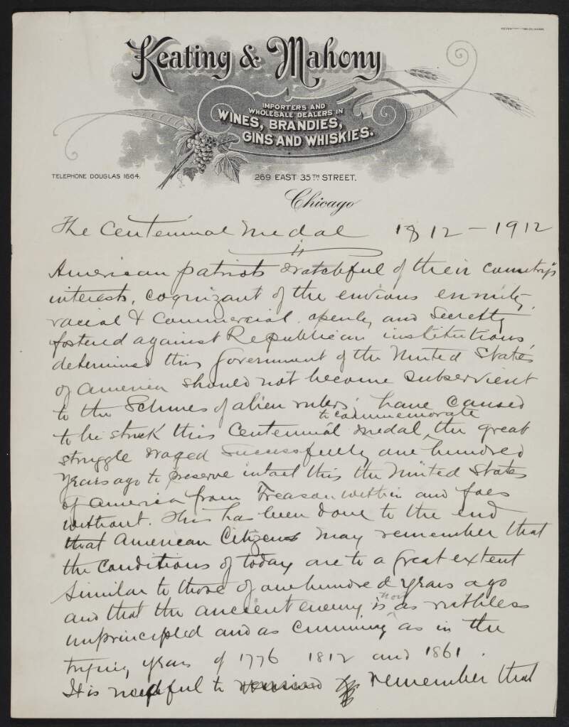 Letter from John T. Keating to John Devoy, discussing the 1812 Centennial medal, struck by American patriots,