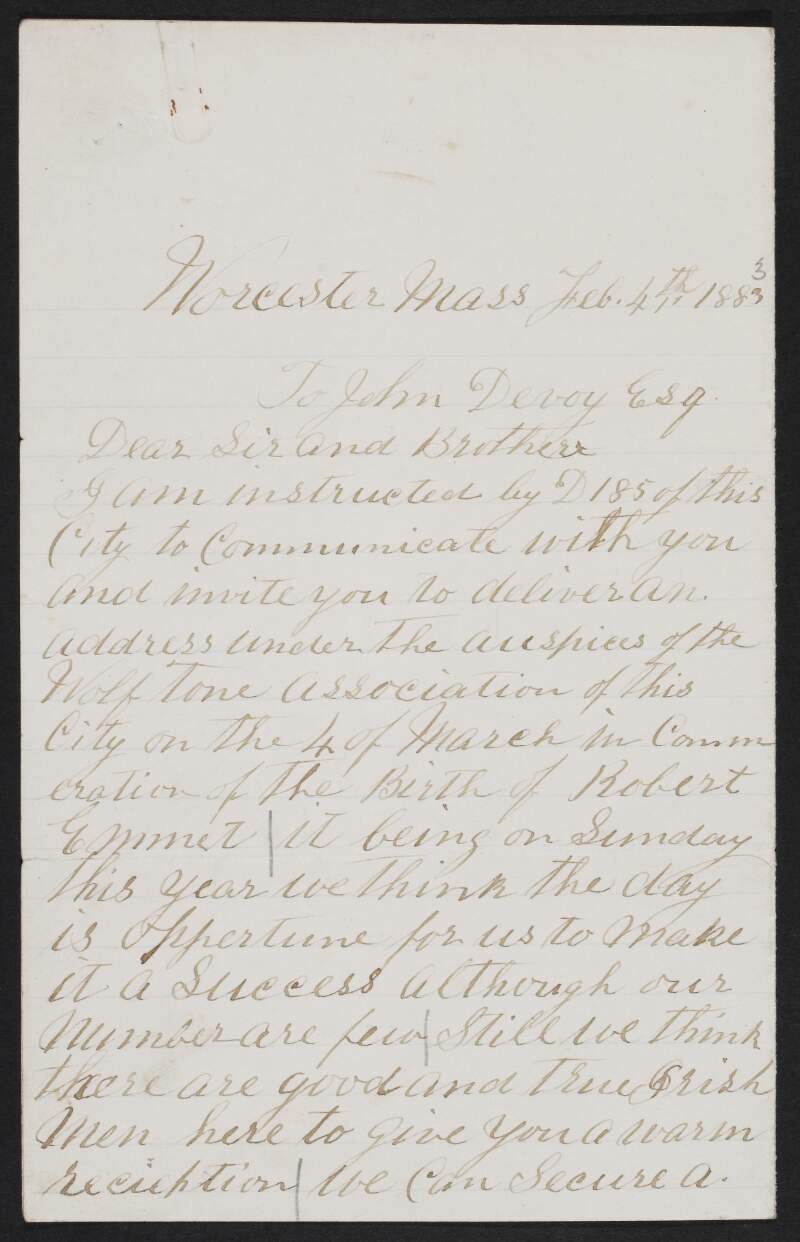 Letter from John Burns to John Devoy regarding invitation to deliver an address under the auspices of the Wolfe Tone Association,