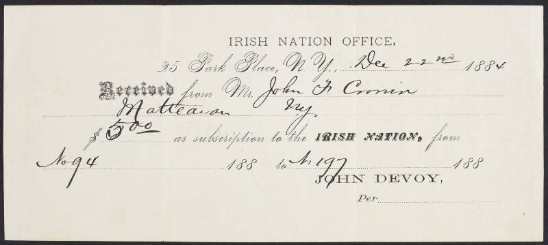 Receipt for 'The Irish Nation' subscription ($5) from John F. Cronin to John Devoy,