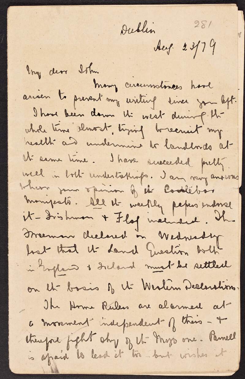 Letter from Michael Davitt ("Kyle") to John Devoy regarding efforts to set up a "New Land Movement" after a successful convention in Mayo, and the reactions of Charles Stewart Parnell and the Irish Parliamentary Party, the "P.J. Smythites" and the "Nationalists",