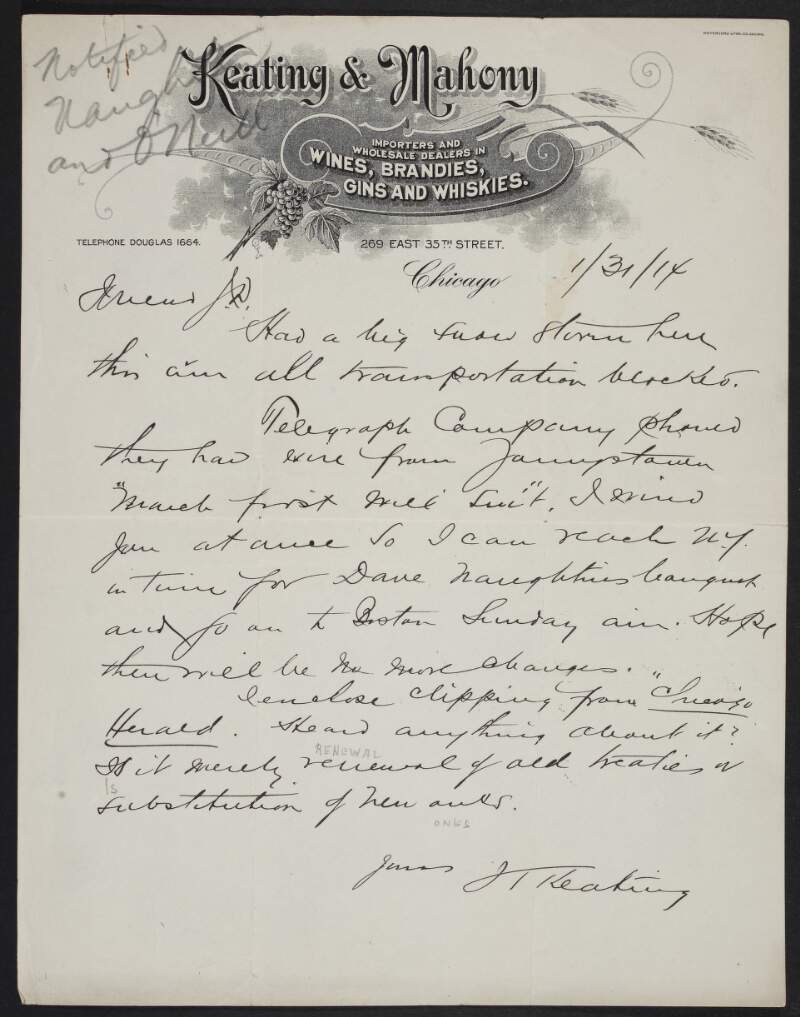 Letter from John T. Keating to John Devoy saying he may not be able to reach New York in time for the banquet,