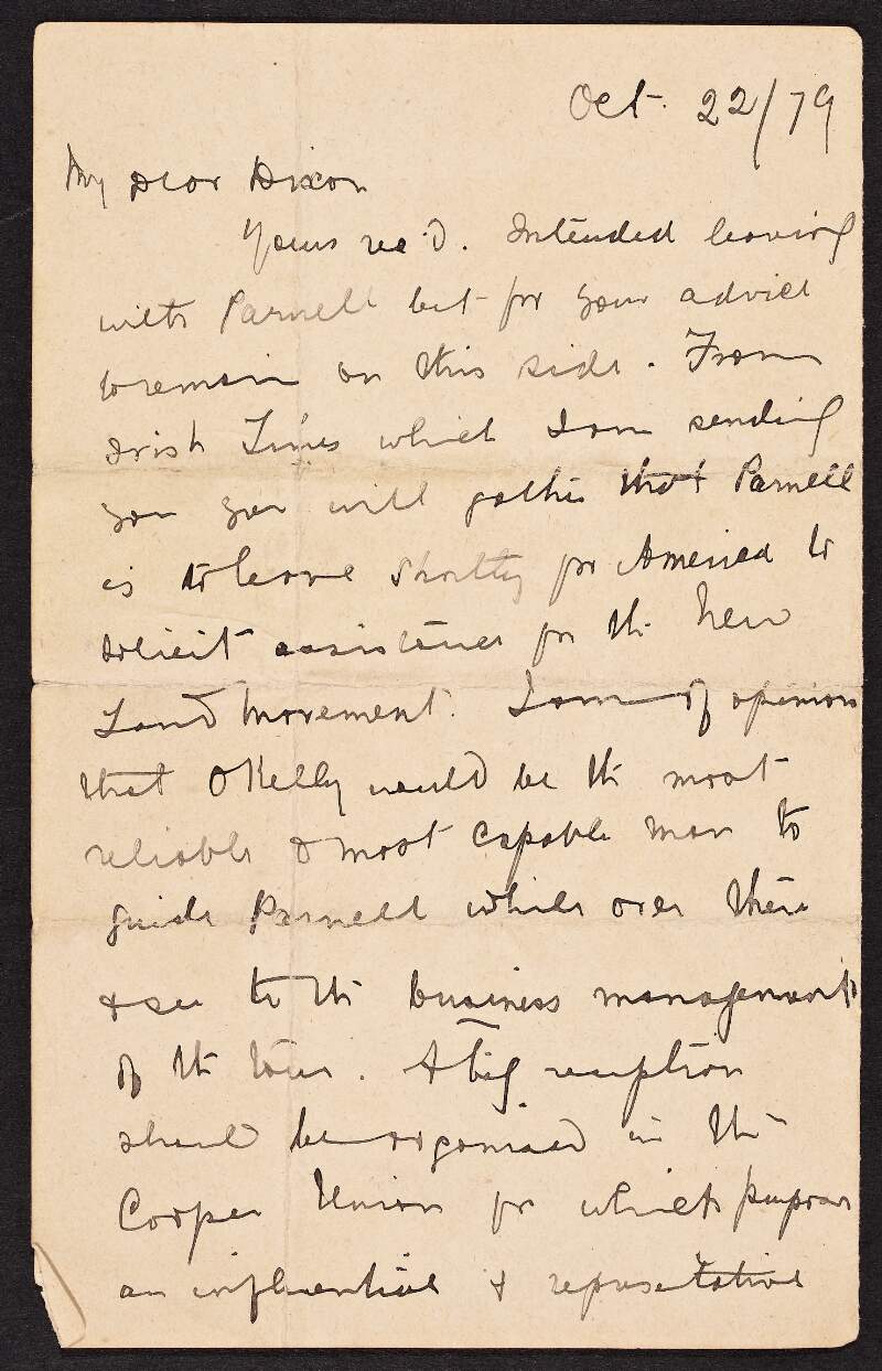 Letter from Michael Davitt to John Devoy regarding Charles Stewart Parnell's planned visit to America,