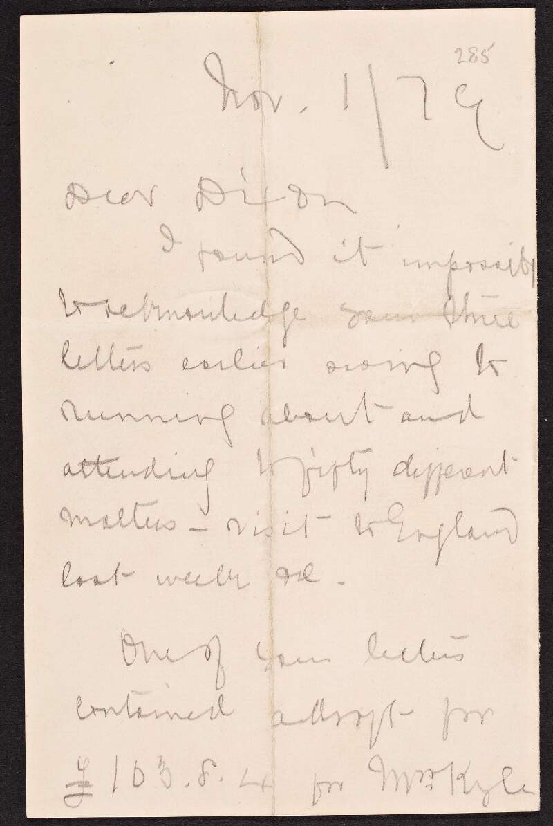 Letter from Michael Davitt to John Devoy ("Dixon") regarding funds given to Davitt out of the Skirmishing Fund, and the Fund's address regarding the possible eruption of violence as a result of the Land Movement,