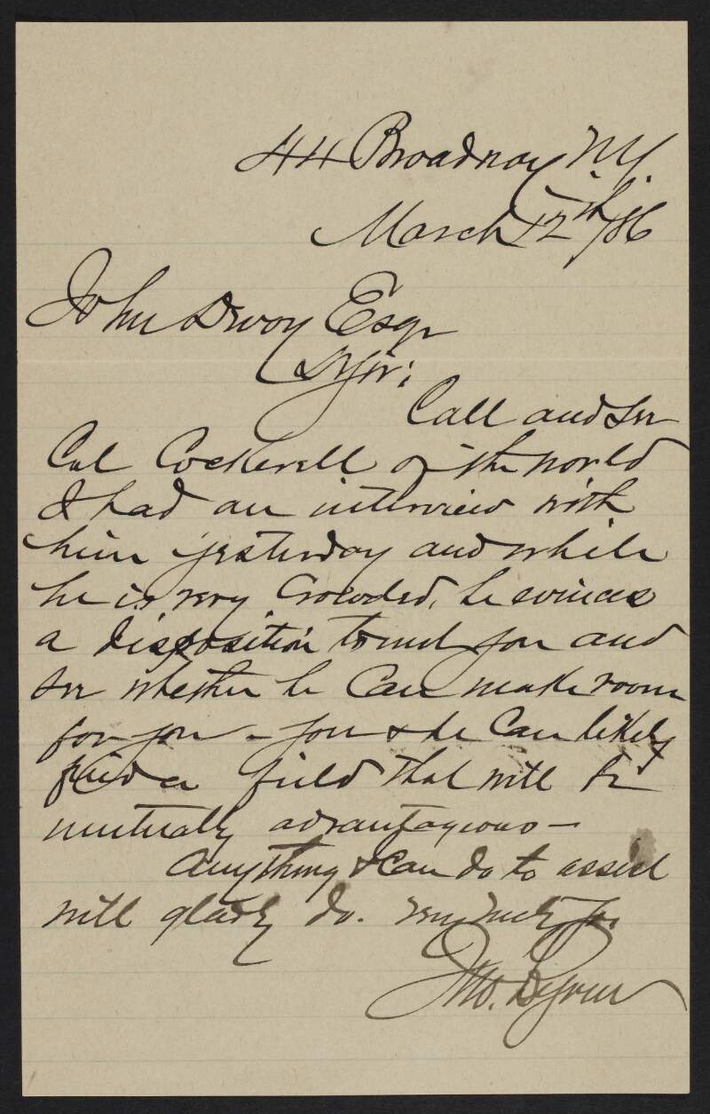 Letter from John Byrne to John Devoy regarding "Cockerell"'s wish to meet Devoy to discuss the possibility of collaboration,