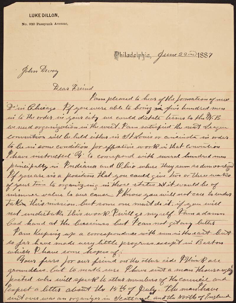 Letter from Luke Dillon to John Devoy regarding preparations for a convention, Alexander Sullivan and the Ancient Order of Hibernians,