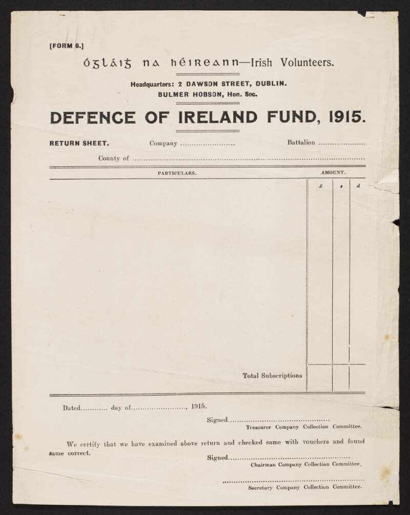 Return sheet for the 'Defence of Ireland Fund',