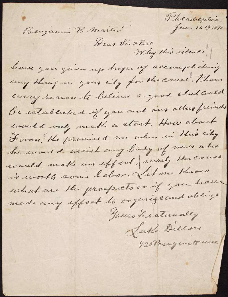 Letter from Luke Dillon to Benjamin B. Martin asking why he has not made an effort to establish a club,
