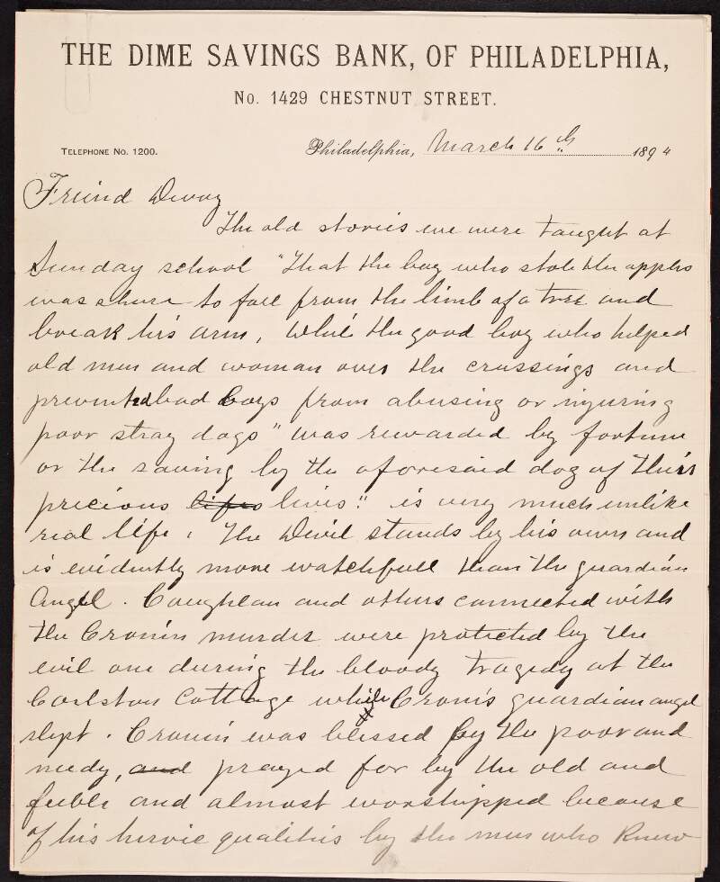 Letter from Luke Dillon to John Devoy regarding the murder of Dr. P.H. Cronin,
