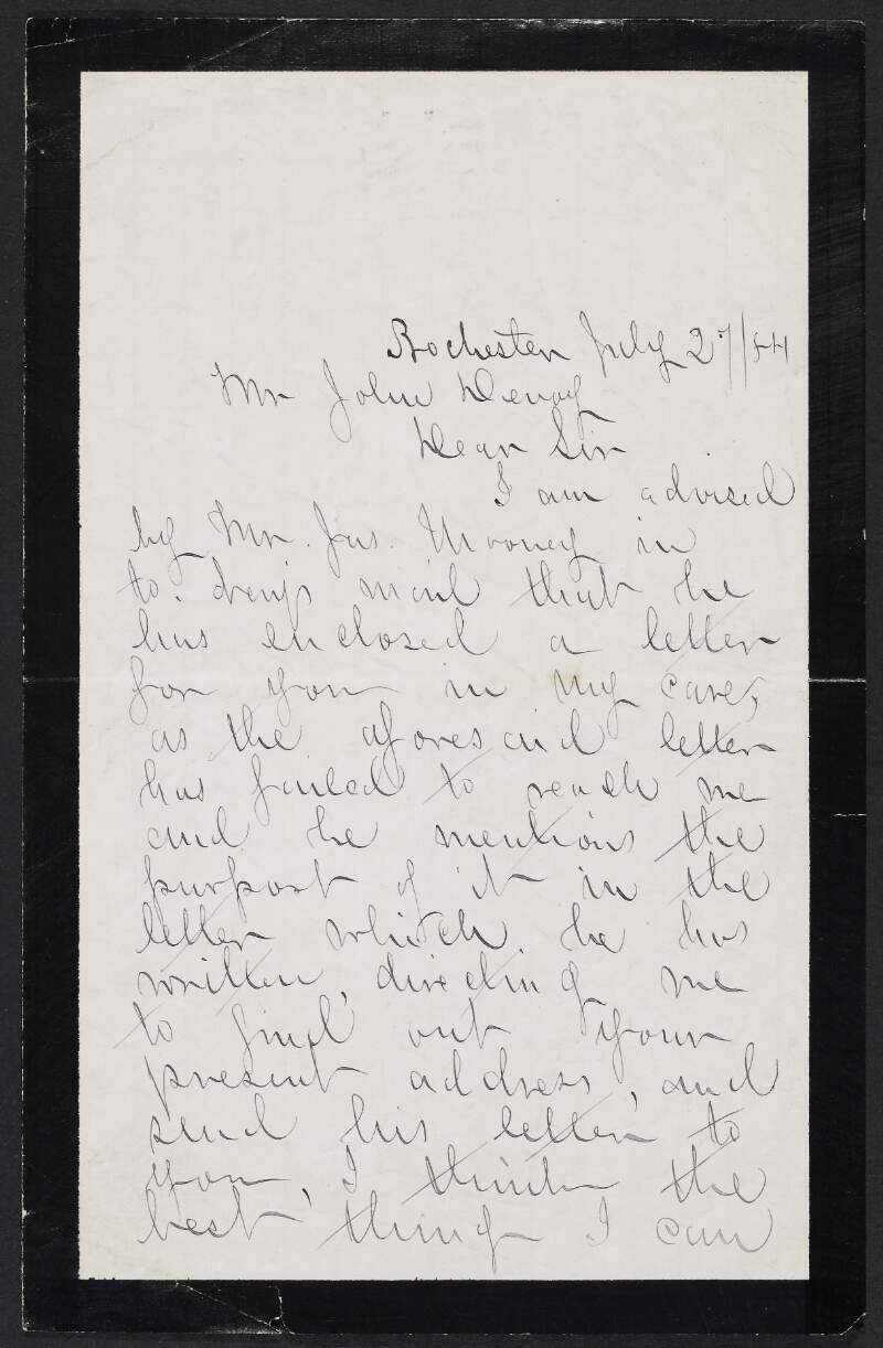 Letter from Kate C. Mahon to John Devoy on behalf of James Mooney asking that Devoy does not mention his name in 'The Nation',