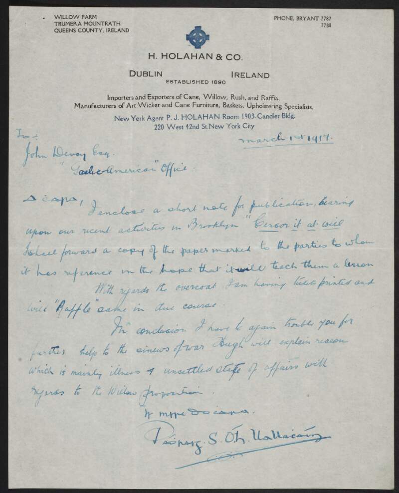 Letter from Patrick Holohan to John Devoy enclosing a note for publication,