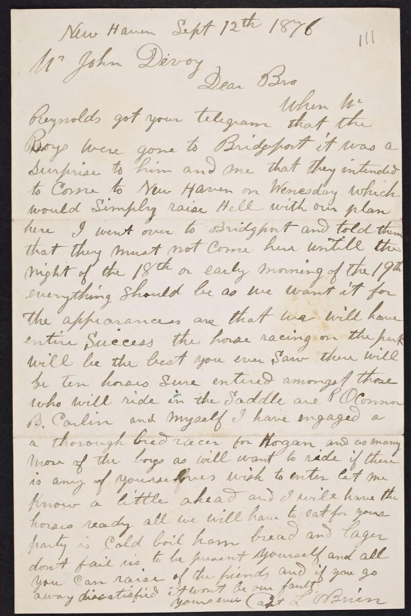 Letter from Laurence O'Brien to John Devoy regarding an event involving horse racing at New Haven,