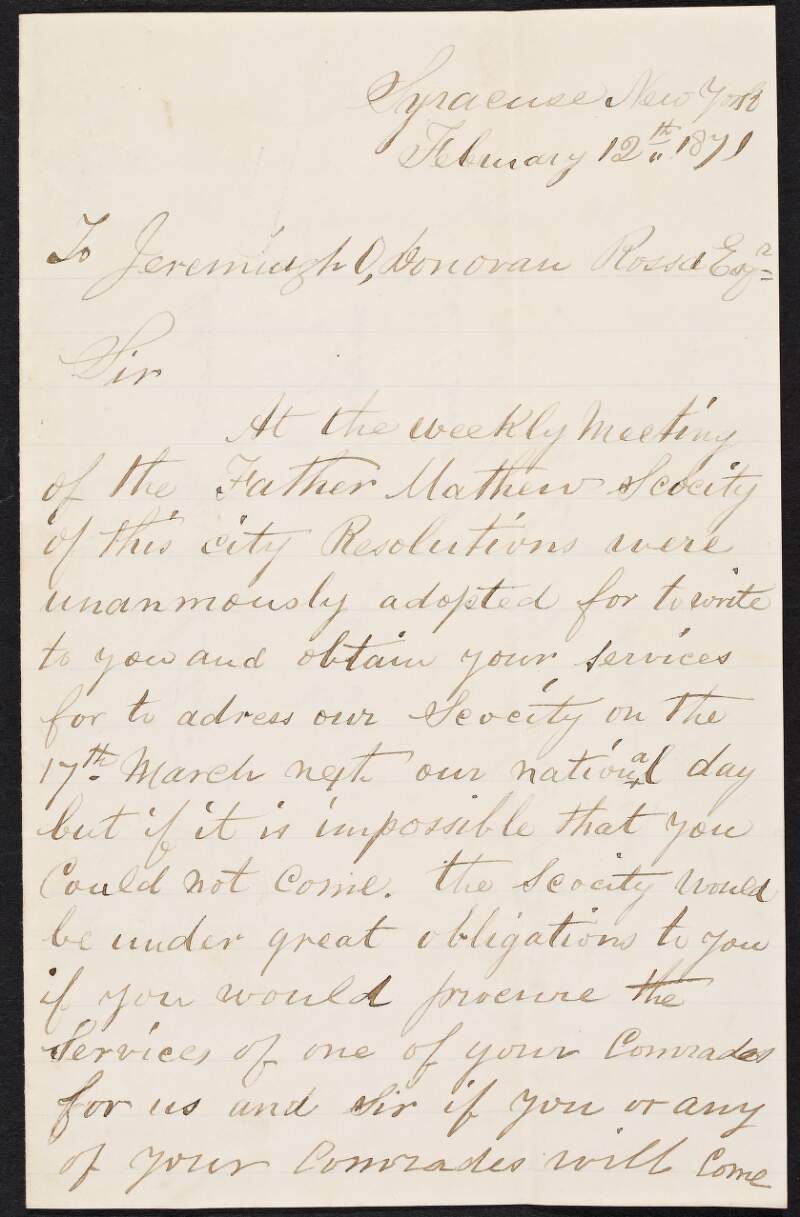 Letter from Laurence O'Brien to Jeremiah O'Donovan Rossa inviting him to address the Father Mathew Total Abstinence Society on Saint Patrick's Day,