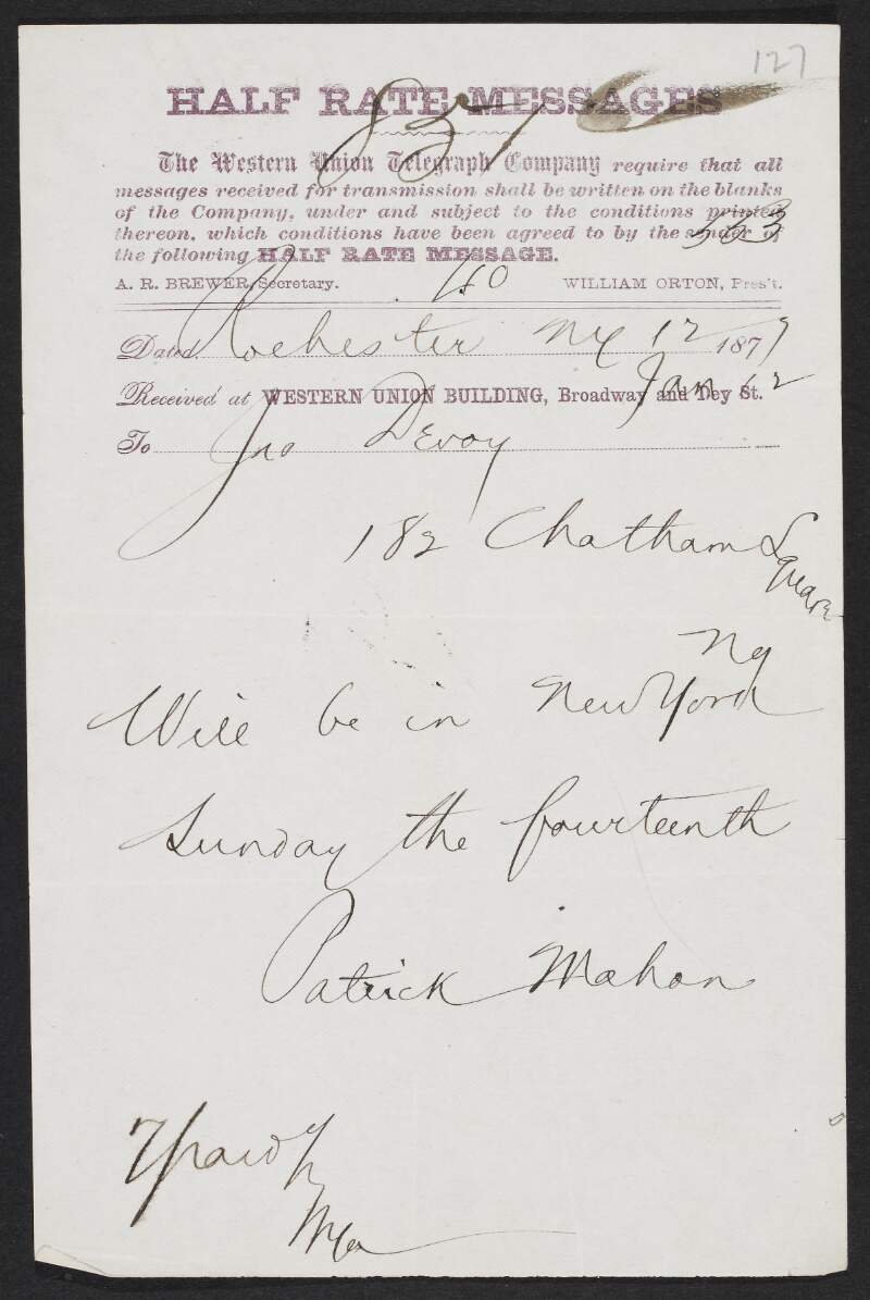 Telegram from Patrick Mahon to John Devoy informing him that he will be in New York on Sunday 14th February,