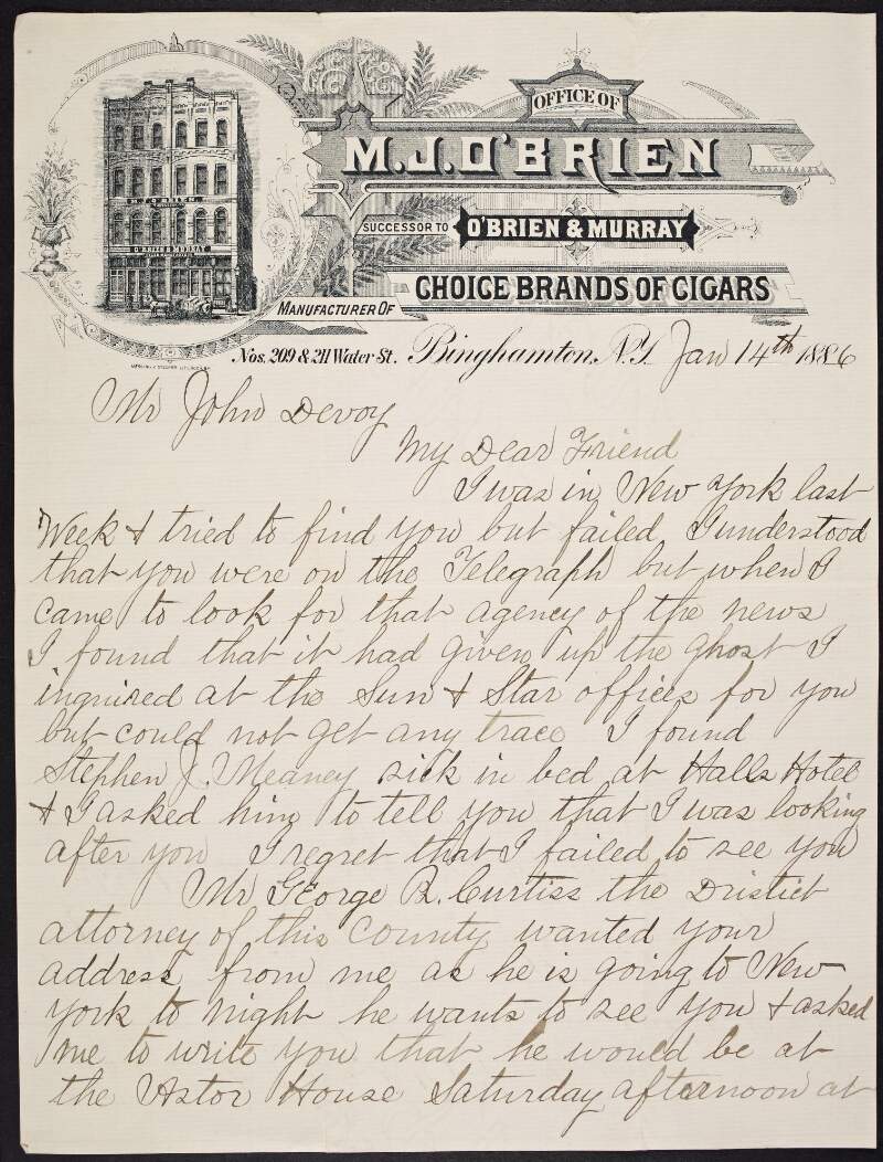 Letter from M.J. O'Brien to John Devoy notifying him that George B. Curtiss, District Attorney of Broome County, New York, is coming to meet him,