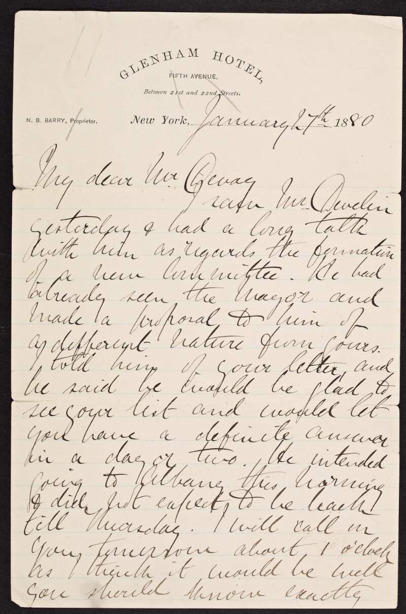 Letter from William Dillon, New York, to John Devoy regarding J.E. Develin, and the formation of a new committee,