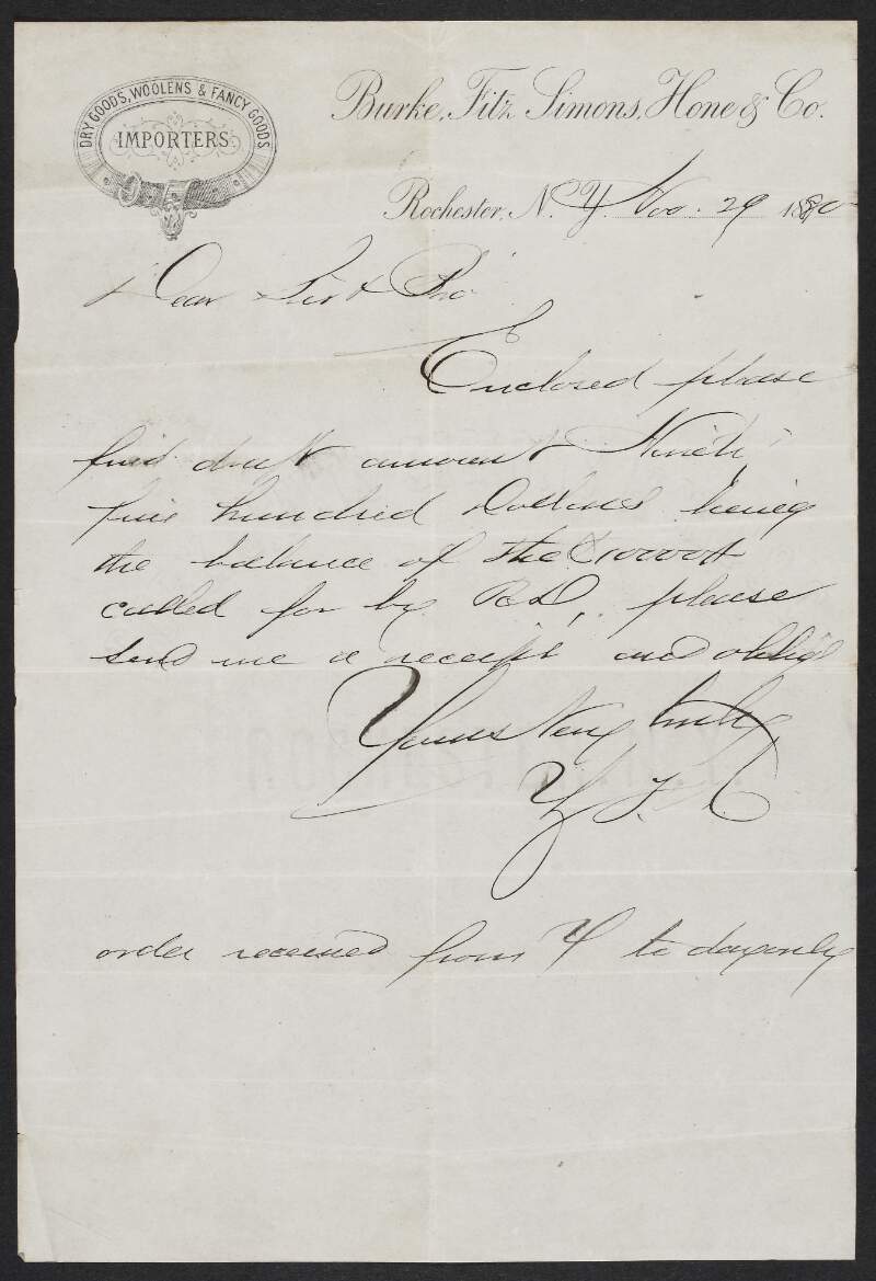 Letter from Patrick Mahon to James J. O'Kelly with an enclosed draft for $95,000,