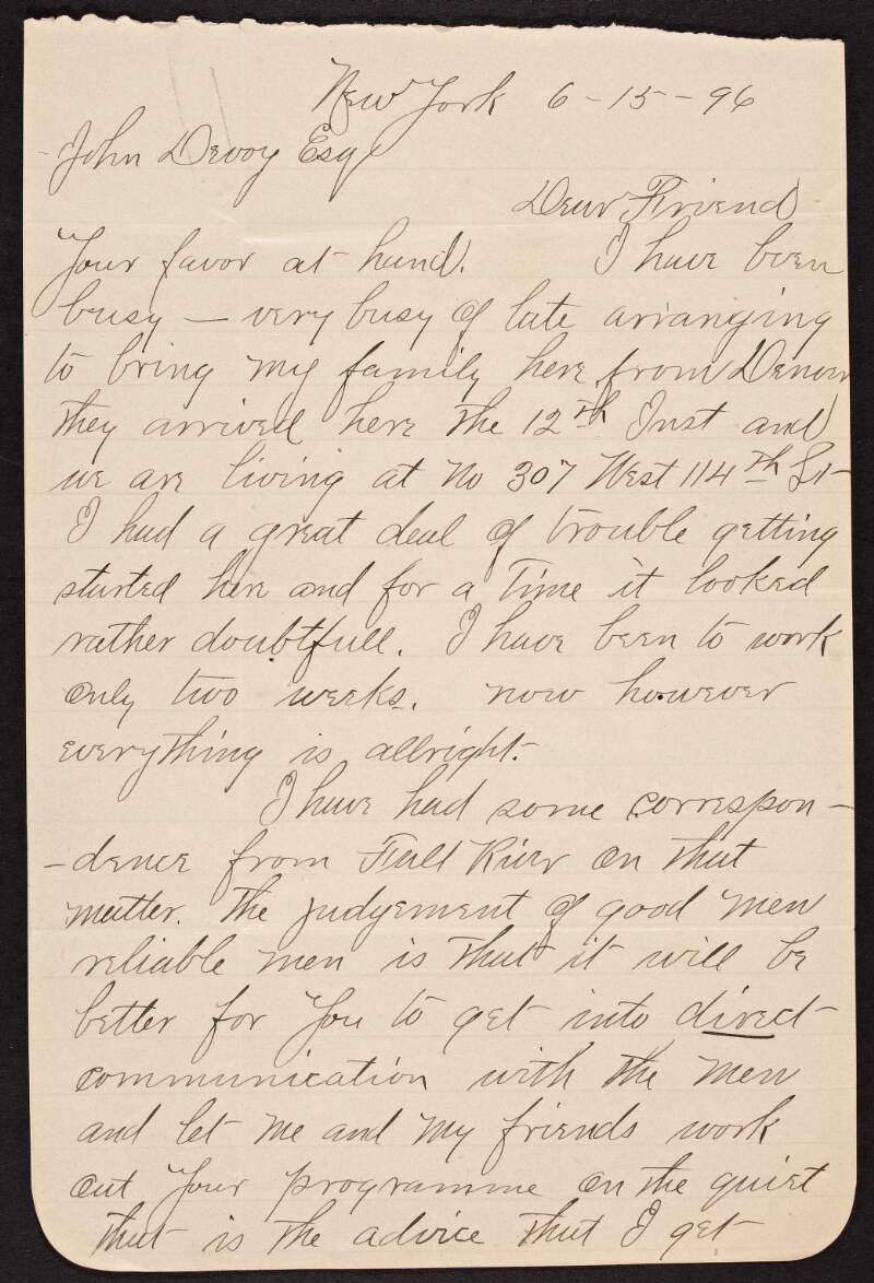 Letter from Thomas E. Doherty to John Devoy regarding his problems settling in America, Devoy's visit to New Bedford and John Teevans,