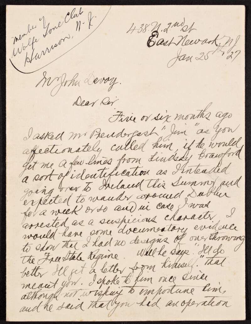 Letter from John E. Dolan to John Devoy regarding his plan to visit Ireland,