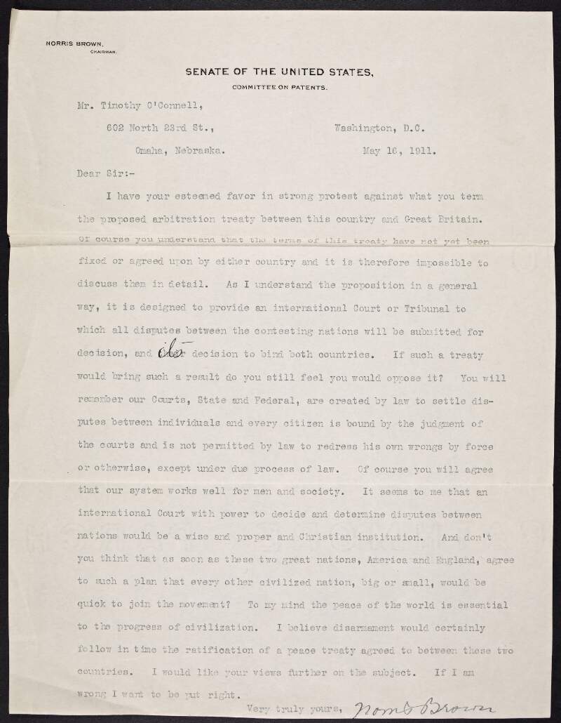 Letter from Norris Brown to Timothy O'Connell regarding the proposed arbitration treaty between the United States and Great Britain,