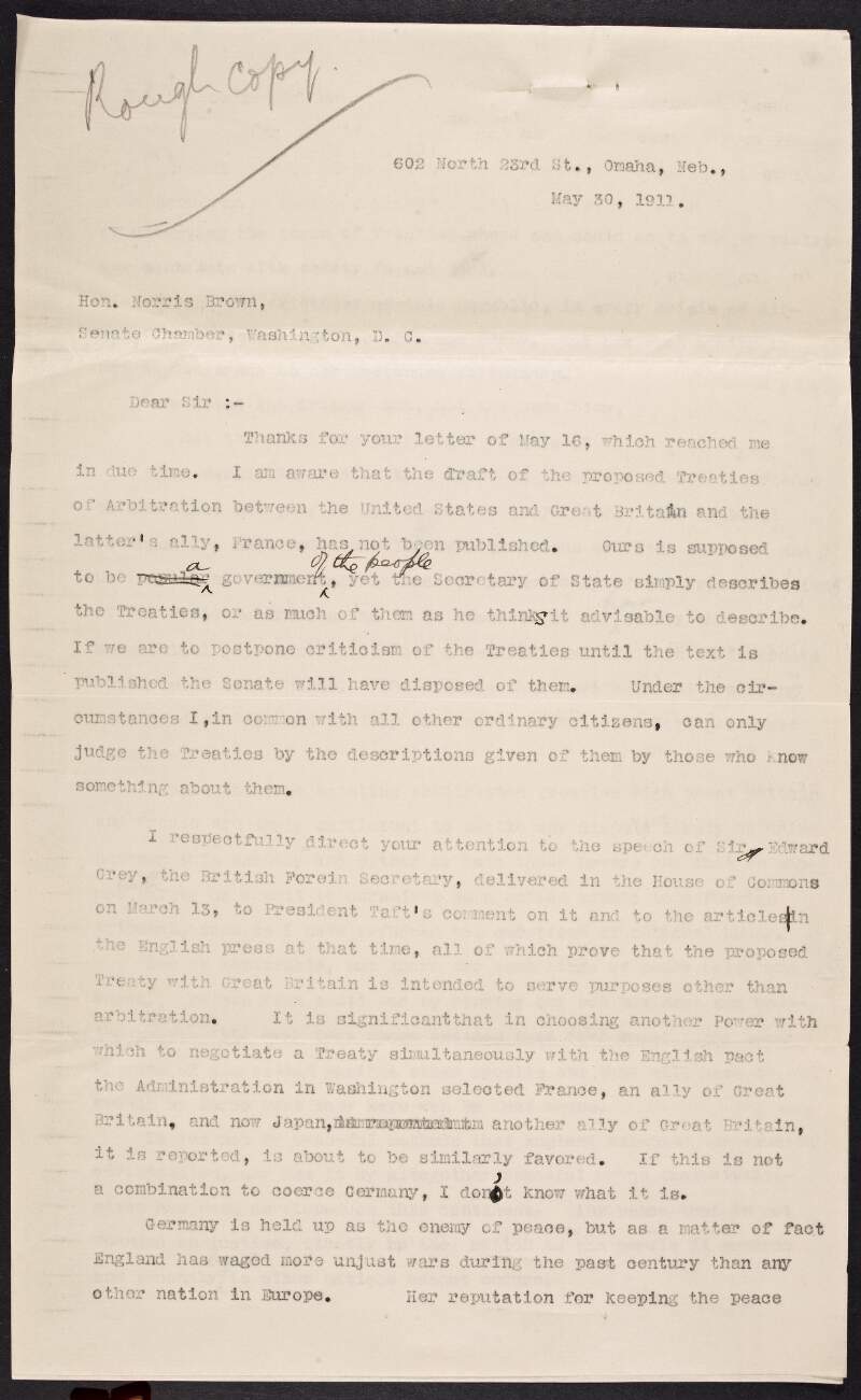 Copy letter from Timothy O'Connell to Norris Brown outlining concerns that the proposed treaty between the United States and Great Britain "is intended to serve purposes other than arbitration",