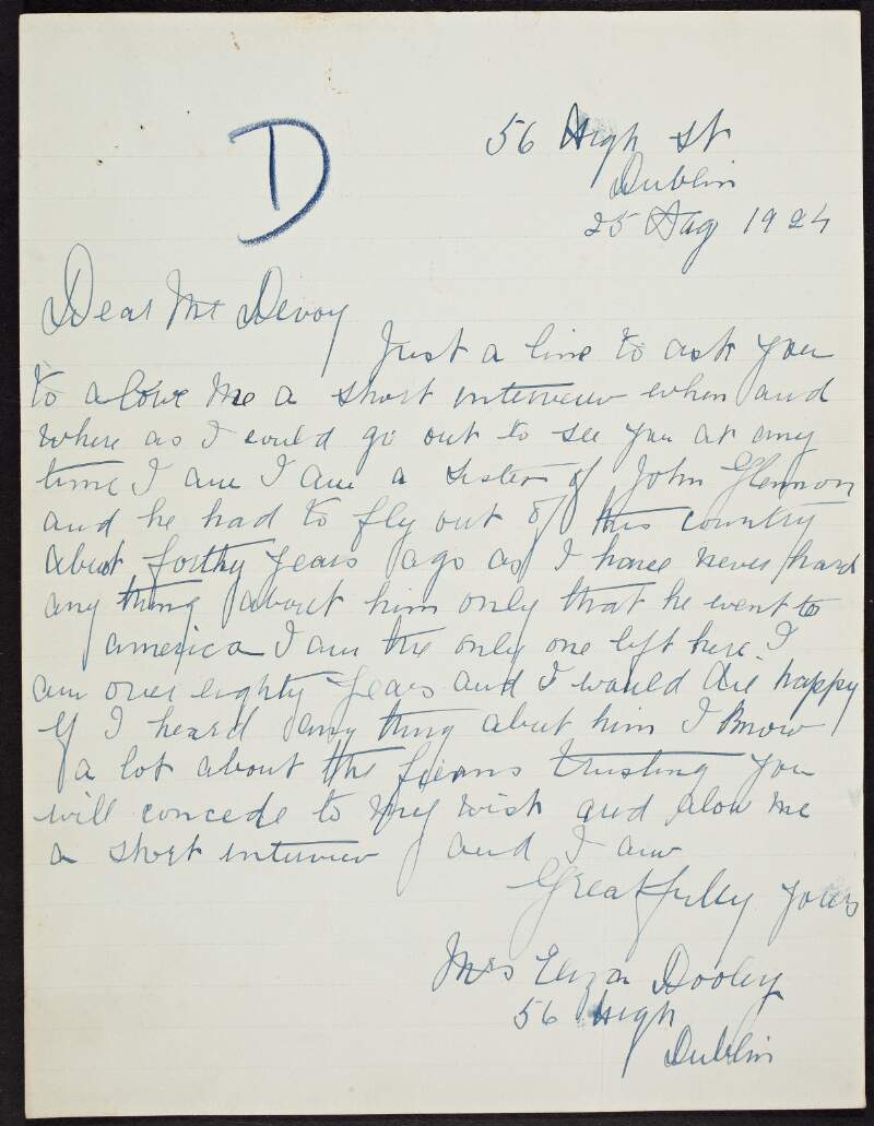 Letter from Eliza Dooley to John Devoy asking about her brother John Glennon who she has not heard of since he left for America 40 years before,