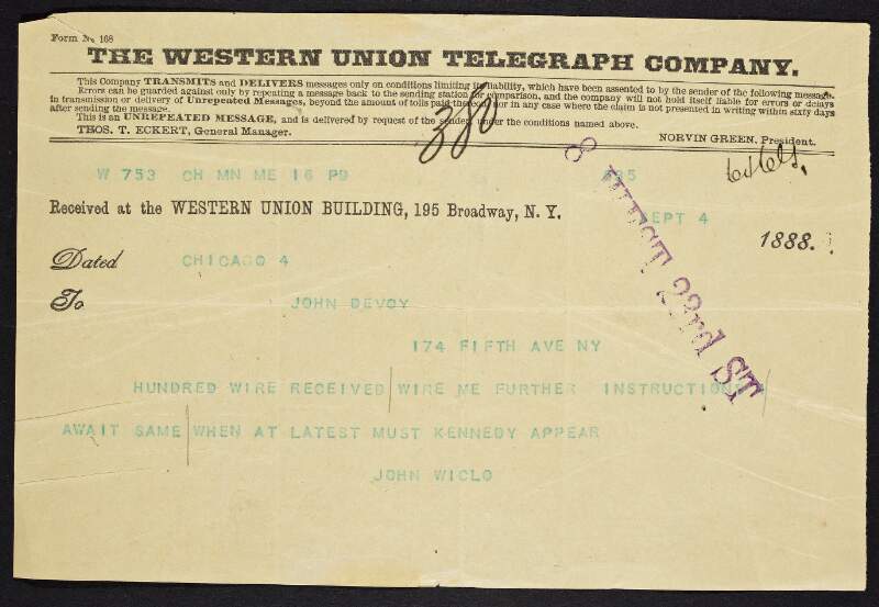 Telegram from John O'Connor ("John Wiclo") to John Devoy regarding instructions and asking when "Kennedy" is to appear,