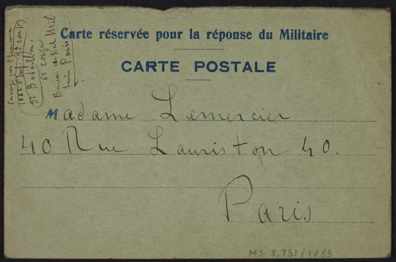 Postcard from Eugène Lemercier to his mother, Marguerite Lemercier, telling her that his anguish is mixed with hope,