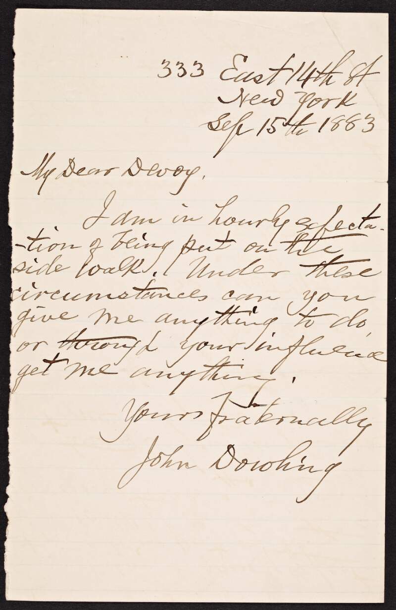 Letter from John Dowling to John Devoy asking for help,