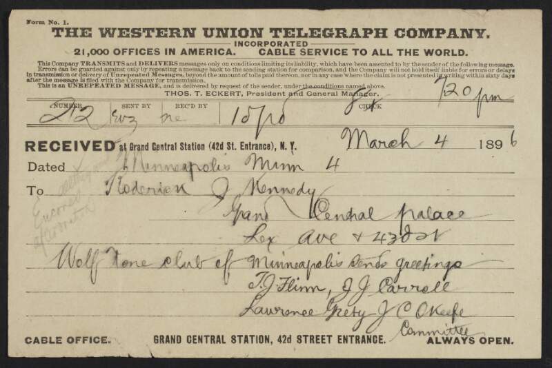 Telegram from Wolfe Tone Club of Minneapolis to Roderick Kennedy sending greetings from the Wolfe Tone Club of Minneapolis,